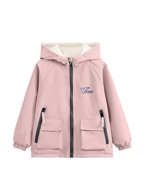 Girls Reversible Fleece Lined Waterproof Hooded Zip Up Jacket with Heart Print and Flap Pockets Casual Outerwear for School Daily Wear and Outdoor Activities