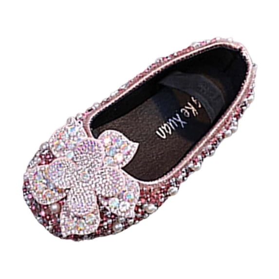 Floleo Girls' Rhinestone Flower Ballet Flats Elastic Strap Bling Sequin Princess Shoes for Toddlers & Little Girls Birthdays Weddings and Special Events(Pink,9.5-10 Years)
