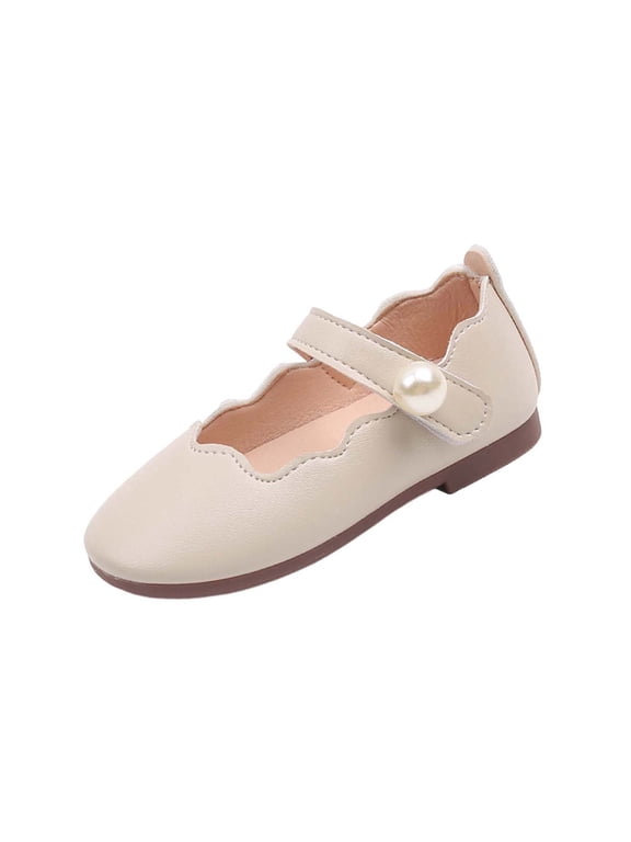 Girls' Scalloped Pearl Mary Jane Flats Adjustable Strap Soft-Sole Shoes for Toddlers & Little Girls Parties Weddings and Everyday Wear(Beige,1-1.5 Years)