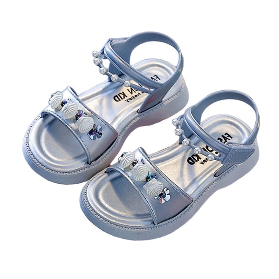 Floleo Girls Shell & Flower Accent Pearl Sandals, Adjustable Ankle Strap Footwear, Three Tone Non-Slip Rubber Sole Kids Summer Beach & Casual Dress Shoes(Silver,4.5-5 Years)