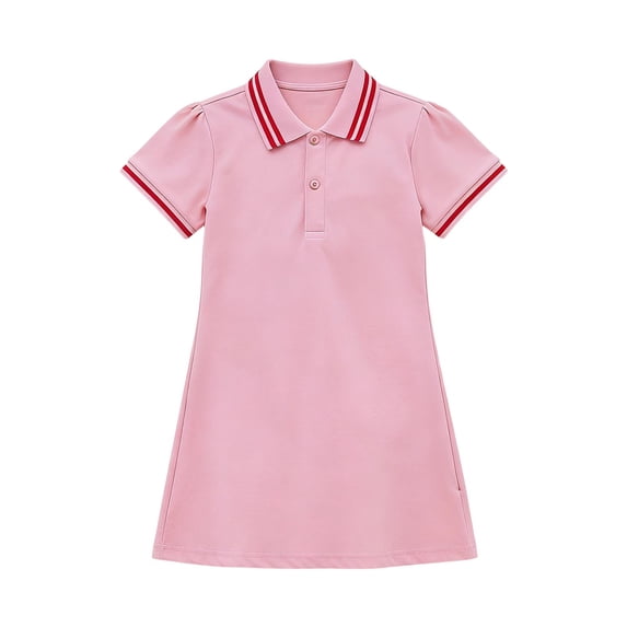 Floleo Girls Short Sleeve Dress Kids Breathable Pique Shirt Dress Striped Collar School Uniform Dress Preppy Casual Playwear for Girls(Pink,15 Years)