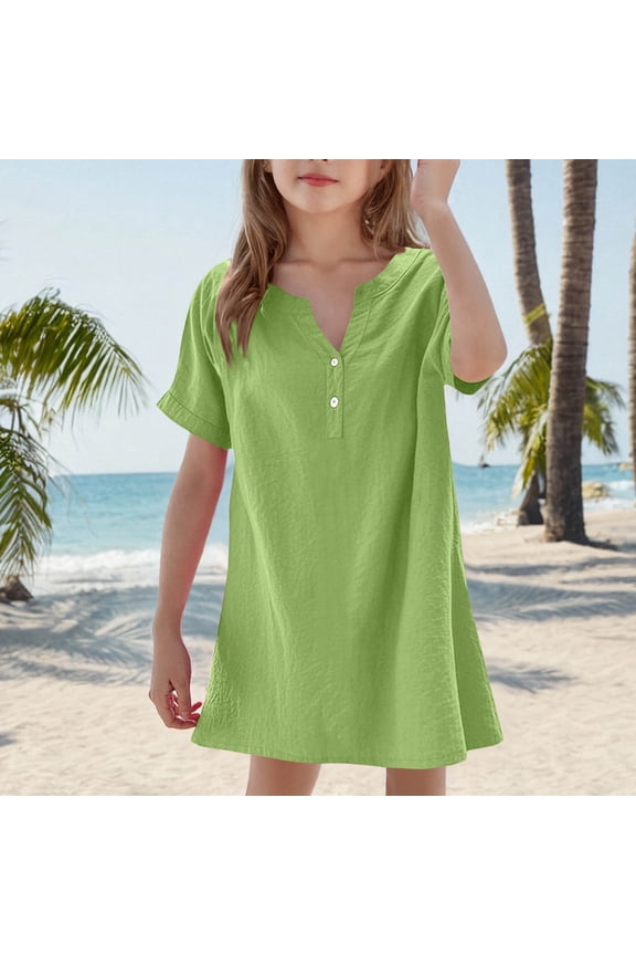 Girls Solid Color Casual V Neck Button Short Sleeve Dress Stretchy Comfortable Playwear Outfit For School Vacation Party Daily Wear Party Games Beach Vacation Play(Green,6Years)