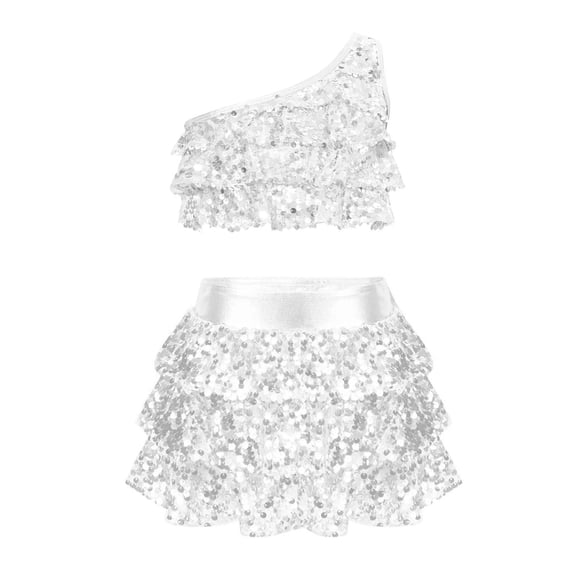Floleo Girls' Solid Color Sequin Hip-Hop Top and Sequin Short Skirt for Casual Comfortable and Fashionable Participation in Gatherings School Dance Competitions and Parties(White,8-9 Years)