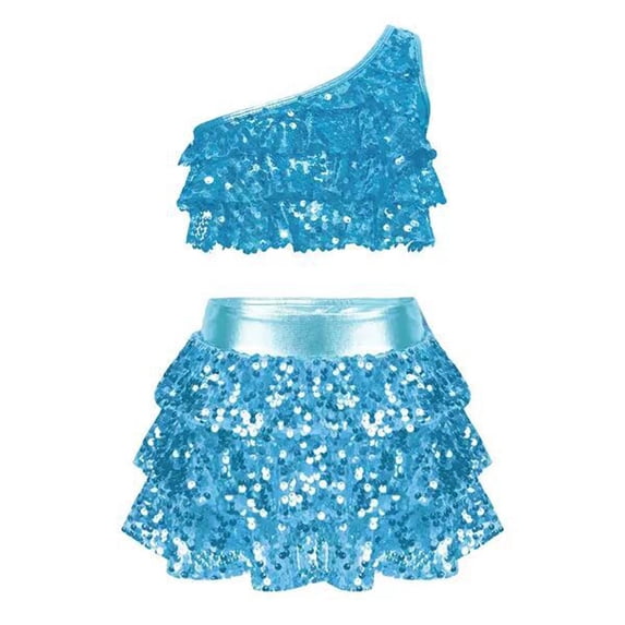 Floleo Girls' Solid Color Sequin Hip-Hop Top and Sequin Short Skirt for Casual Comfortable and Fashionable Participation in Gatherings School Dance Competitions and Parties(Light Blue,6-7 Years)
