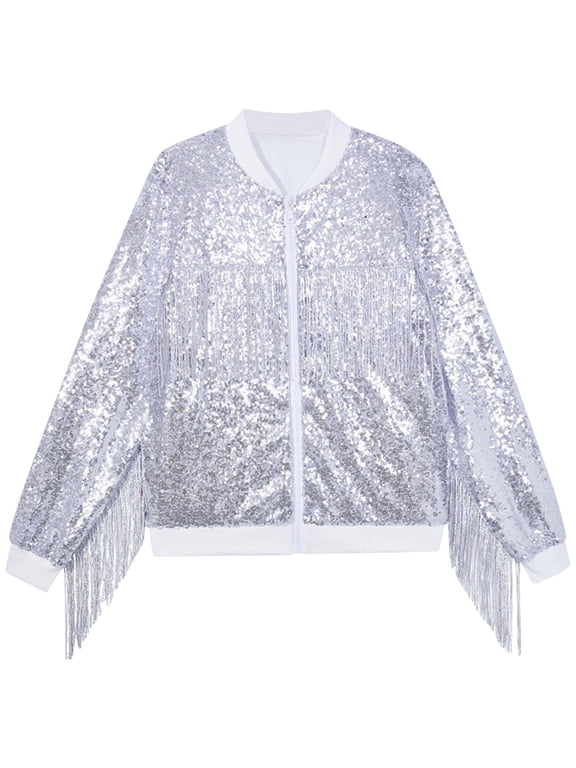 Girls Sparkly Sequin Bomber Jacket with Long Fringe Trim Zip Up Lightweight Casual Party Performance Stage Outerwear for Kids School Daily Wear