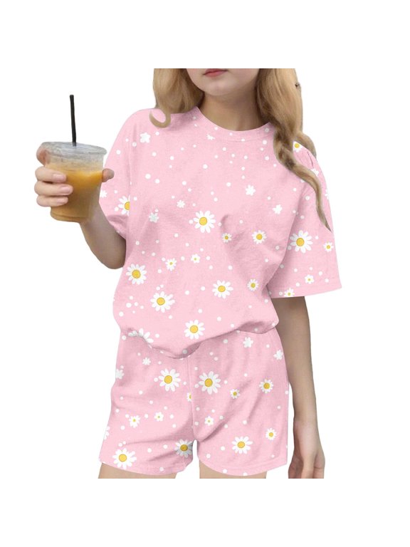 Girls Summer Daisy Polka Dot Print Short Sleeve T Shirt and Shorts Set Casual 2 Piece Outfit for Kids Daily Play and Weekend Outings