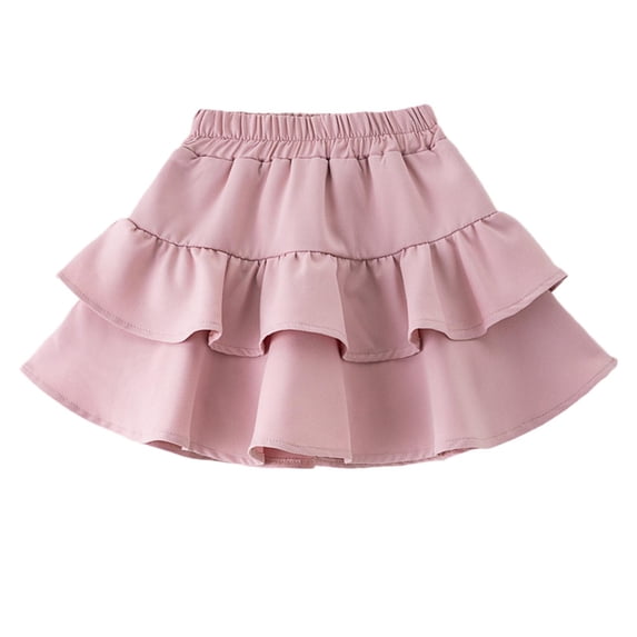 Floleo Girls’ Tiered Ruffle Cake Mini Skirt Kids Elastic High-Waist Flared Skirt Solid Color Casual Skirt Breathable Polyester Skirt for Daily Wear School Parties (Pink,13 Years)