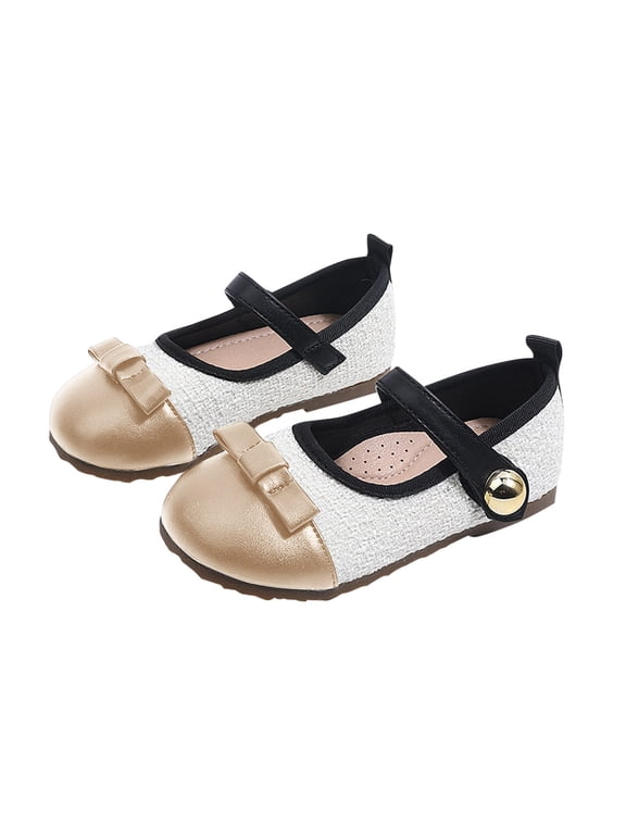 Girls' Two-Tone Mary Jane Flats Toddler/Little Kid Bow Accent Shoes Tweed & Leather Casual Dress Shoes Soft Non-Slip Sole Princess Shoes for Daily & Special Occasions(Gold,5.5-6 Years)