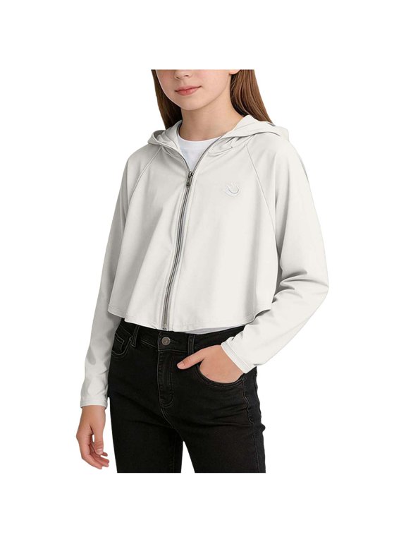 Girls UPF50+ Sun Protection Hooded Zip Up Jacket Lightweight Breathable Long Sleeve Crop Top for Summer Outdoor Daily Wear