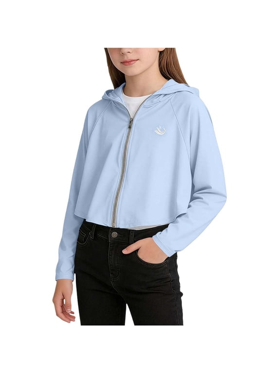 Girls UPF50+ Sun Protection Hooded Zip Up Jacket Lightweight Breathable Long Sleeve Crop Top for Summer Outdoor Daily Wear
