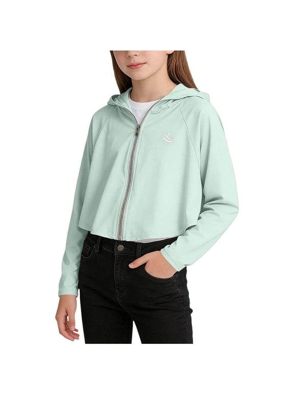 Girls UPF50+ Sun Protection Hooded Zip Up Jacket Lightweight Breathable Long Sleeve Crop Top for Summer Outdoor Daily Wear