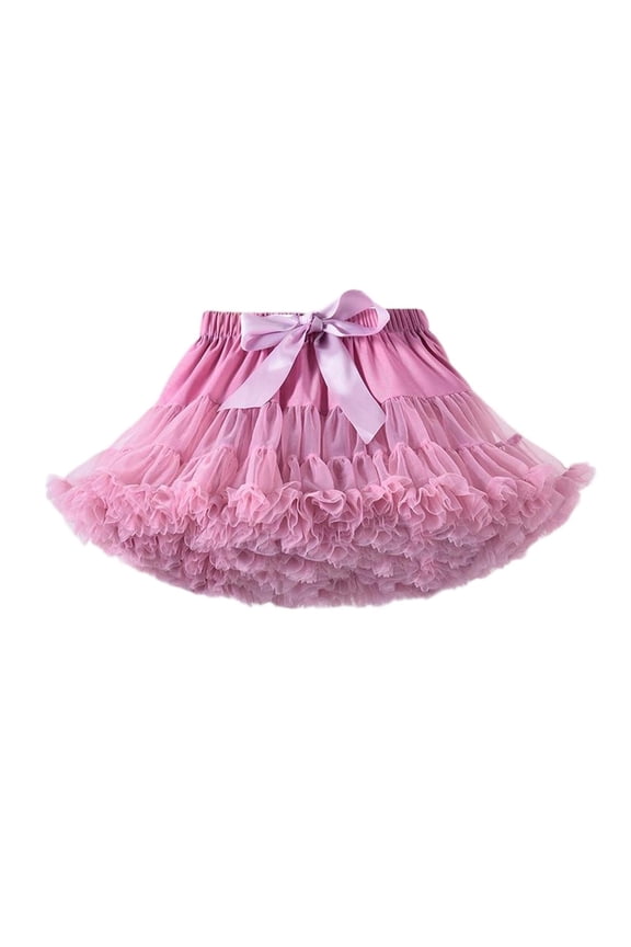 Girls’ Voluminous Ruffle Tulle Tutu Skirt Elastic Waist Bow Accent Puffy Skirt Multi-Color Stage Performance and Dress-Up Skirt for Kids(Watermelon Red,8 Years)