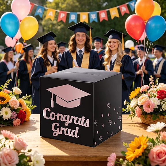 Floleo Graduation Card Box, Congrats Grad Card Holder and Money Gift Box for High School College Party Decorations, Foil Printed Table Centerpiece for Graduation Party Supplies