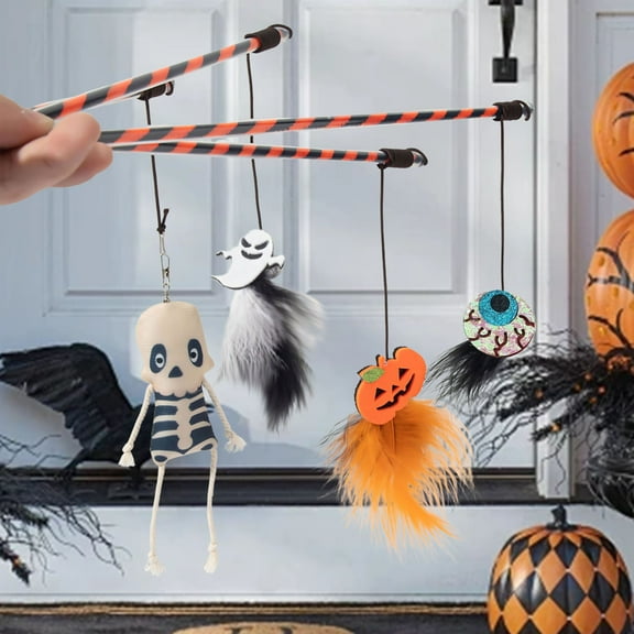 Floleo Halloween Cat Teaser Stick, 2 Pcs Ghost Eyeball, Skull, Shape, Elastic Rope Cat Toy, Cat Teaser Stick With Feather Bell, Holiday Decoration Black of Friday Deals 2024