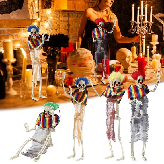 Fnochy Halloween Clown Skeleton Decorations Spooky Colorful Clown Shape Skeleton Layout Props Scary Hanging Ghost Skeleton In Clothes Decoration For Graveyard Props Clearance