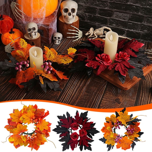 Fnochy Halloween Fall Candle Rings 10 Inch Orange Maple Candle Wreath Candlestick With Berries Artificial Plant Candle Holder For Autumn Farmhouse Festival Party Centerpieces Seasonal Home Decor