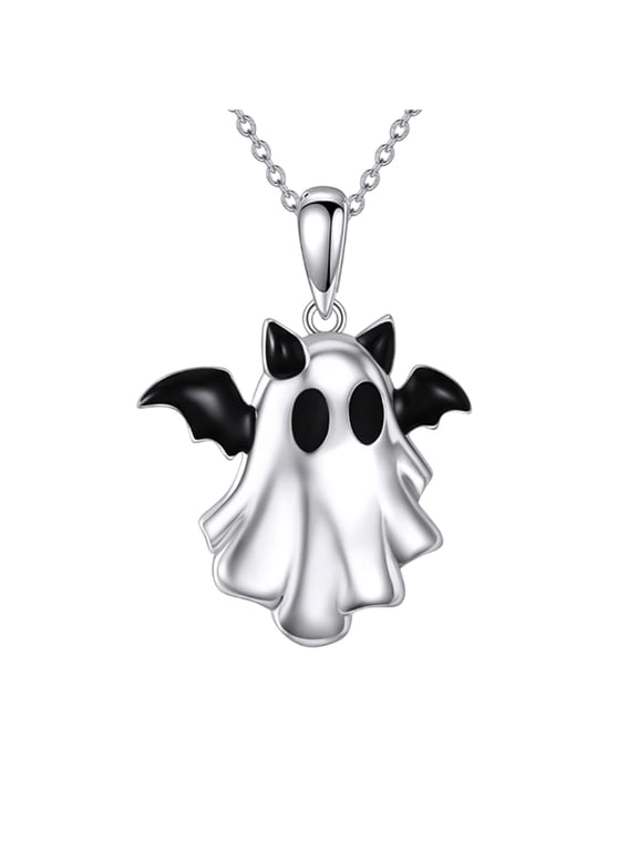 Floleo Halloween Ghost Pendant Necklace, Bat Wing Horns Gothic Jewelry for Women, Spooky Ghost Pendant, Unique Costume Accessory, Ideal Gift