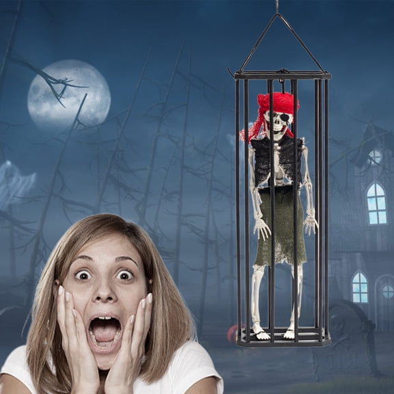 Floleo Halloween Hanging Cage Ghost Decoration, Motion & Light Sensor Animated Prisoner Prop, Screaming Skull Battery Operated, Haunted House Party Décor.