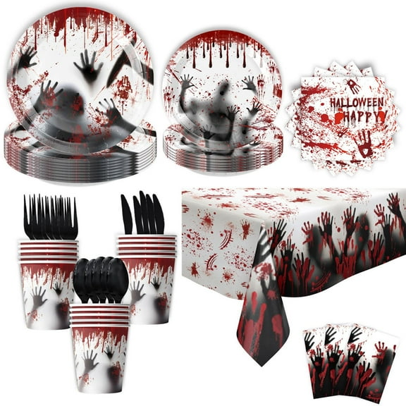 Fnochy Halloween Party Supplies Include Bloody Zombie Tablecloth, Paper Plates, Cups, Straw, Napkins, Horror Halloween Birthday Party Decorations And Tableware Clearance