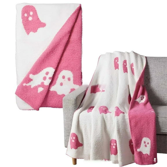Floleo Halloween Pink Ghost Blanket Flannel Reversible Super Soft Blanket Throw For All Seasons Blankets Kawaii Plush Cute Throw Blanket For Sofa Couch Halloween Decorations