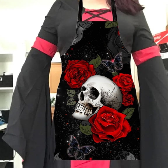 Floleo Halloween Skull Apron for Men Women, Horror Kitchen Cover with Spooky Print, Durable Polyester Cooking Apron, Festive Decor & Party Costume Accessory.