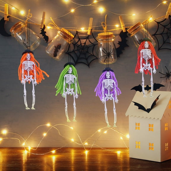 Floleo Halloween Small Skeleton Figurines With Wig Hair Halloween Decoration Mini Hanging Skeleton For Haunted House Props Prankster Indoor Home Decor Realistic Human Full Bones