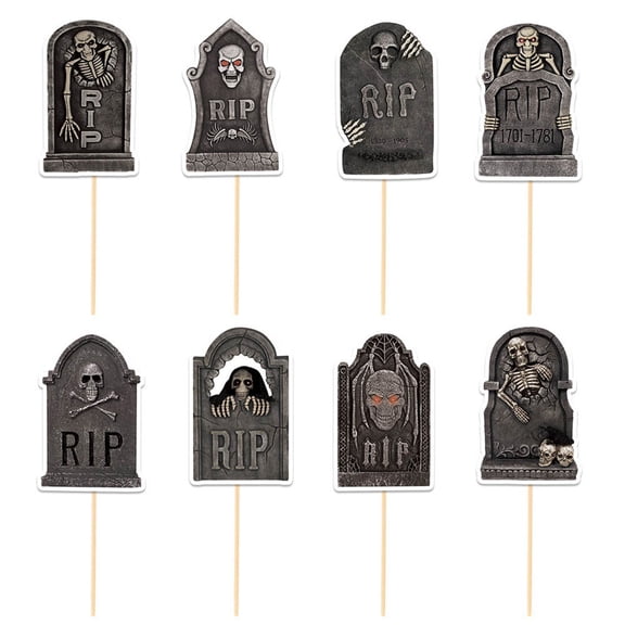 Floleo Halloween Tombstone Cake Toppers 8 Pack, Spooky Cupcake Decoration Inserts with RIP Skull Skeleton Designs, Paper Cake Picks for Haunted Party Desserts