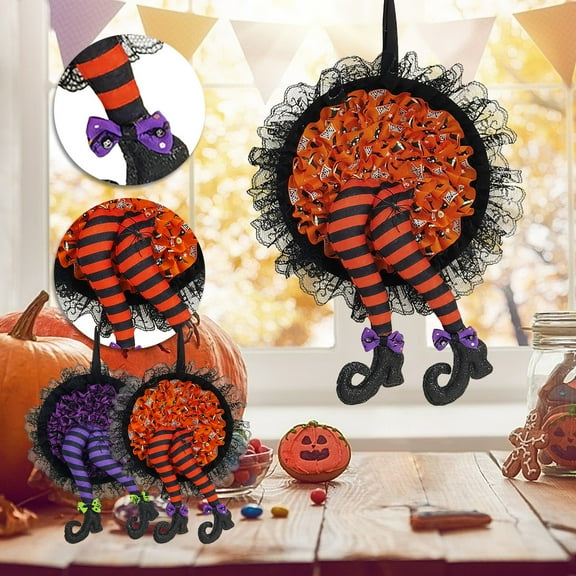 Floleo Halloween Witch Wreaths Halloween Wreaths, 16 Inch Artificial Purple Orange Witch Legs Wreath, Halloween Door Signs Hanging Ornaments For Home Window Wall Porch Halloween Party