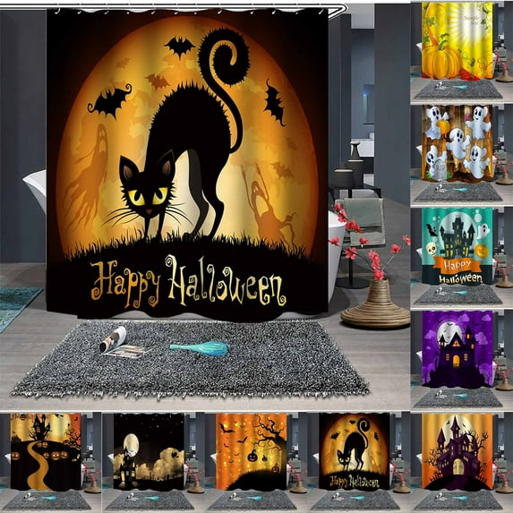 Floleo Happy Halloween Shower Curtain Orange Pumpkin Dead Tree Full Moon Night Scary Castle Party Bat Horror Tombstone Haunted House Art Green Fabric Decor For Bath Curtain