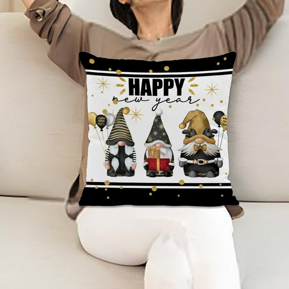 Floleo Happy New Year Cheers Gnome Throw Pillow Covers, 18 x 18 Inch Winter Holiday Celebrate Party Cushion Case Decoration for Sofa Couch