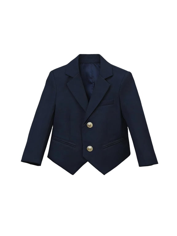 Kids Boys Girls Navy Blue School Blazer Suit Jacket Long Sleeve Lapel Collar Button Down Classic Uniform Outerwear for Formal Events