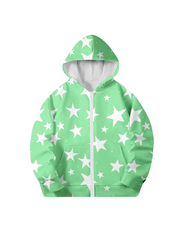 Kids Boys Girls Star Print Hooded Zip Up Jacket Casual Long Sleeve Lightweight Outerwear with Pockets for School Daily Wear and Weekend Adventures