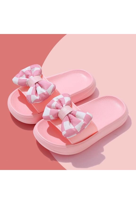 Kids' Checkered Bow Slide Sandals Soft Cushioned Casual Slippers Non-Slip Open-Toe Summer Shoes Versatile Beach Footwear(Pink,8 Years)