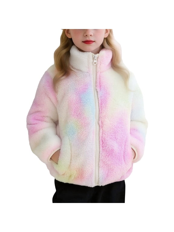 Kids Cozy Fleece Zip Up Jacket Soft Pastel Gradient Plush Stand Collar Warm Winter Coat with Pockets for School Outdoor Play Daily Wear