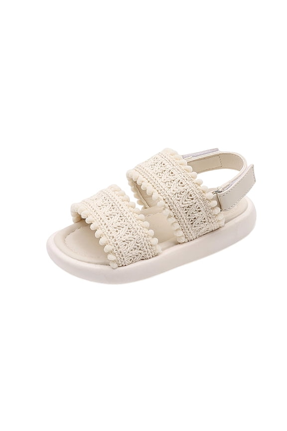 Kids' Crochet Pom-Pom Two-Strap Sandals Girls Adjustable Ankle Strap Sandals Soft Cushioned Open-Toe Summer Shoes Black Beige Casual Beach Footwear(Beige,2-2.5 Years)