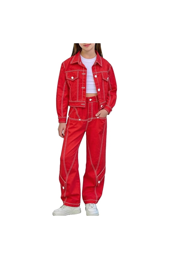 Kids Denim Suits Set Long Sleeve Lapel Jacket Wide Leg Pants Fleece Lined 2 Piece Outfit for Girls Boys Comfortable Stylish Casual Travel Holiday Birthday Party(Red,12-13 Years)