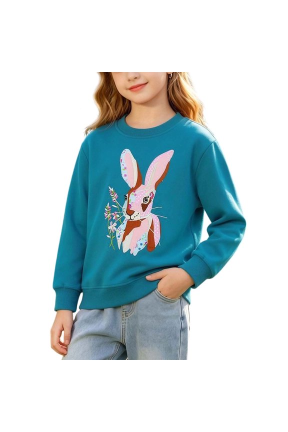 Kids Floral Rabbit Patch Crewneck Sweatshirt Unisex Hoodless Long Sleeve Casual Pullover top for Boys Girls Aged 1-7 Years(Mint Green,1-2 Years)