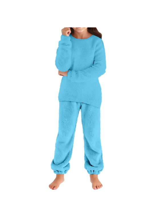 Kids Fuzzy Matching Sets, Children Casual Outfit Bundles, Crew Neck Long Sleeve Plush Top And Cuffed Pant Combinations, Solid Color Warm Fleece Coordinate Outfits(Light Blue,5-6 Years)