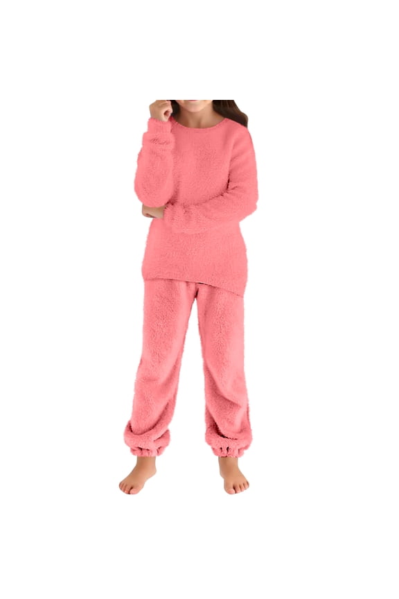 Kids Fuzzy Matching Sets, Children Casual Outfit Bundles, Crew Neck Long Sleeve Plush Top And Cuffed Pant Combinations, Solid Color Warm Fleece Coordinate Outfits(Pink,5-6 Years)
