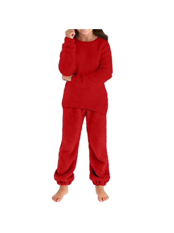 Kids Fuzzy Matching Sets, Children Casual Outfit Bundles, Crew Neck Long Sleeve Plush Top And Cuffed Pant Combinations, Solid Color Warm Fleece Coordinate Outfits(Red,15-16 Years)