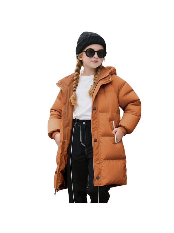 Kids Girls Boys Mid Length Hooded Puffer Jacket Winter Warm Quilted Coat with Pockets Solid Color Casual Outerwear for School Daily Wear
