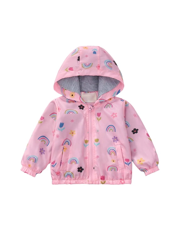 Girls Hooded Jacket Rainbow Floral Print Zip Up Windproof Long Sleeve Coat with Pockets for Outdoor Play School and Casual Daily Wear