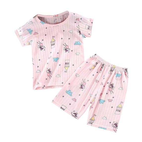 Floleo Kids Girls Summer Fairy Castle Print Short Sleeve T Shirt and Shorts Set Lightweight Casual 2 Piece Outfit for Daily Play School