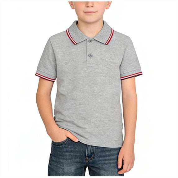 Floleo Kids Short Sleeve Turn-Down Collar Shirt with Striped Trim Boys Casual Button Placket Top for School & Everyday Activities(Gray,2 Years)
