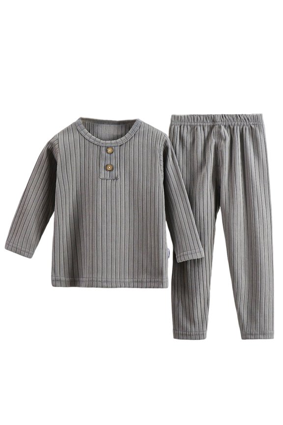 Kids Two Piece Matching Sets, Children Coordinated Outfit Bundles, Ribbed Long Sleeve Top And Full Length Pant Combinations, Solid Color Basic Daily Matching Outfits(Gray,1-2 Years)