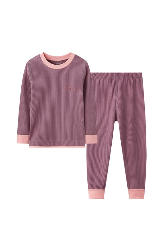 Kids Vertical Ribbed Matching Sets, Children Indoor Outfit Bundles, Contrast Trim Crew Neck Long Sleeve Top And Elastic Cuffed Pant Coordinate Outfits(Purple,2 Years)