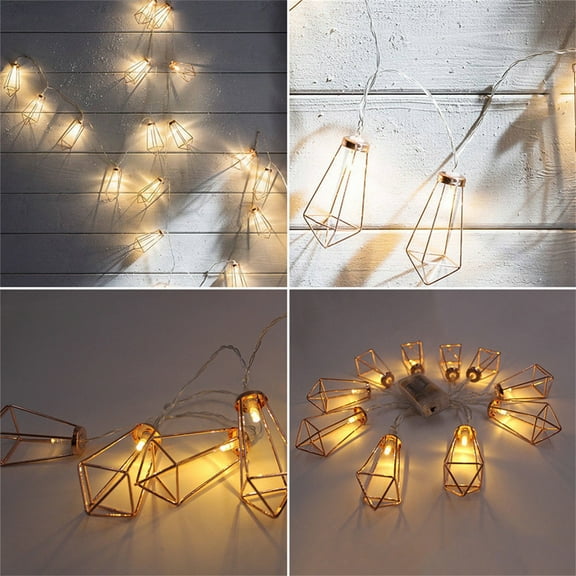Floleo LED Diamond String Lights Battery Operated, Geometric String Lights Warm White, Rose Gold Metal Lamps Decor For Indoor Wedding Party Bedroom Christmas