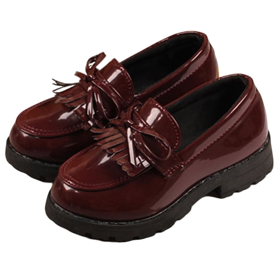 Floleo Little Girls Tassel Slip-On Loafer Shoes, Glossy Patent Leather British College Footwear, Dual Tone Non-Slip Thick Rubber Sole Kids Daily School & Performance Dress Shoes(Red,18-24 Months)