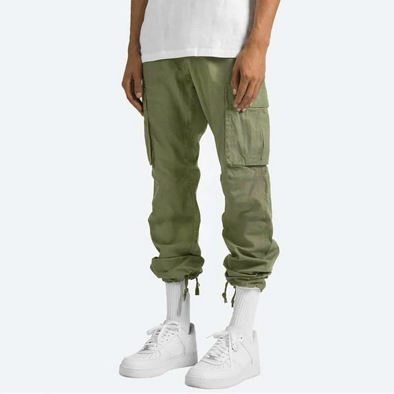 Floleo Men Flap Pocket Drawstring Elastic Waist Cargo Pants Straight-Fit Casual Pants Solid Trousers Relaxed Plus Size Long Pant