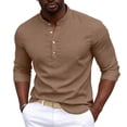 thumbnail image 1 of Floleo Men Mandarin Collar 4 Button Half Placket Shirt, Mens Solid Roll Up Long Sleeve Regular Fit Pullover Top, Breathable Lightweight Spring Summer Smart Casual Blouse (Coffee,XL), 1 of 8